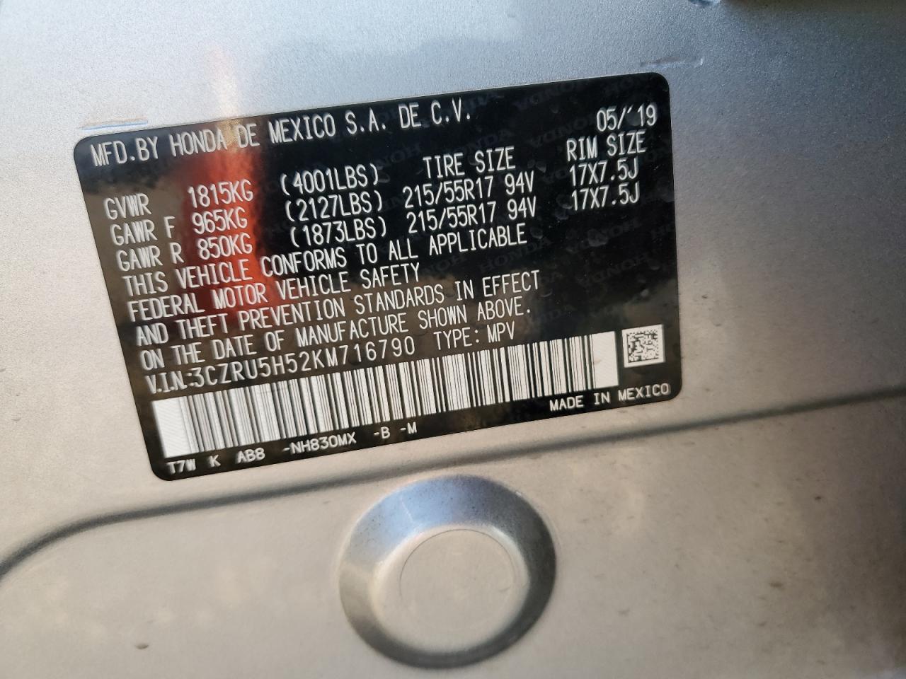 2019 Honda Hr-V Ex VIN: 3CZRU5H52KM716790 Lot: 63818594