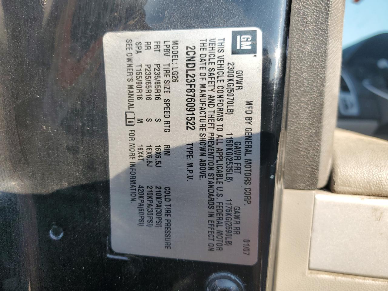 2CNDL23F876091522 2007 Chevrolet Equinox Ls