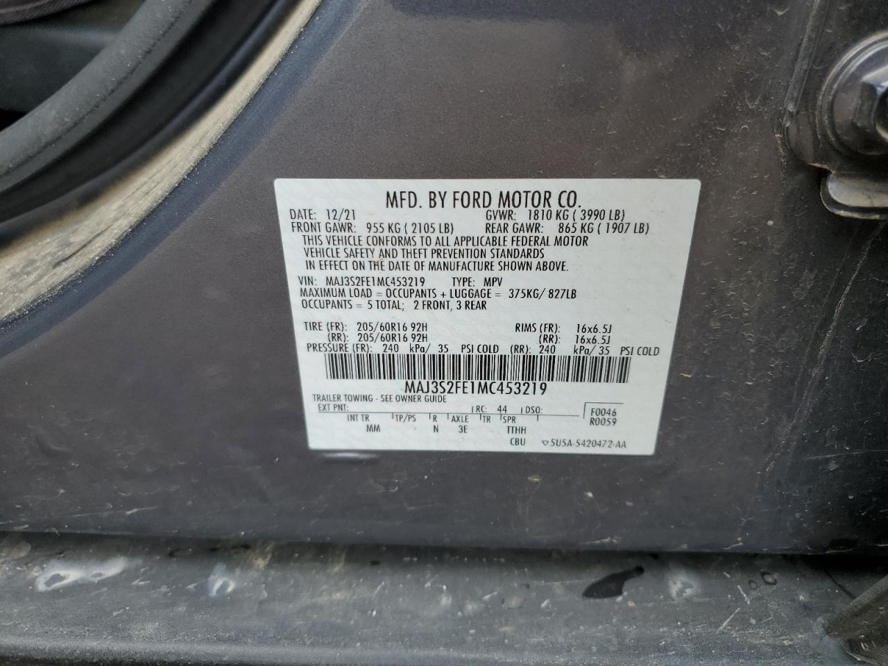 2021 Ford Ecosport S VIN: MAJ3S2FE1MC453219 Lot: 65124034