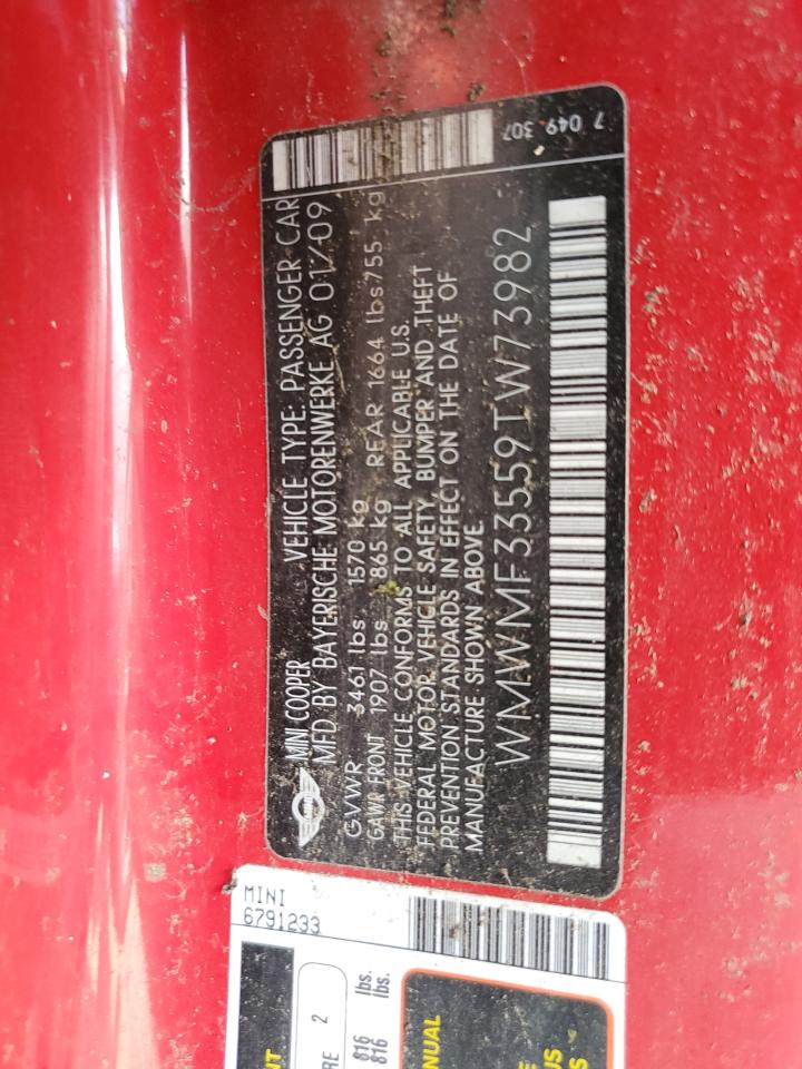 2009 Mini Cooper VIN: WMWMF33559TW73982 Lot: 64902324