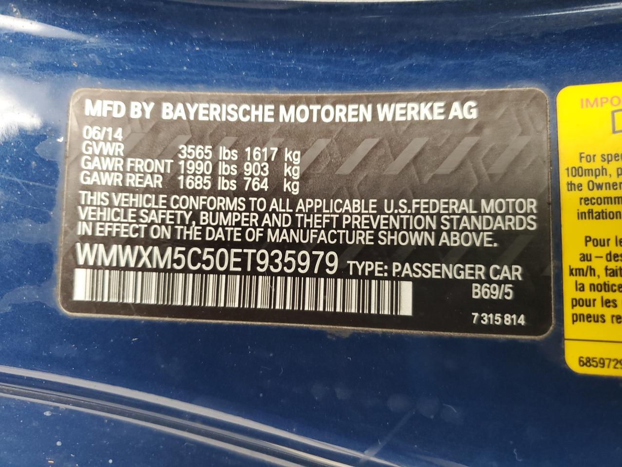 2014 Mini Cooper VIN: WMWXM5C50ET935979 Lot: 61402844