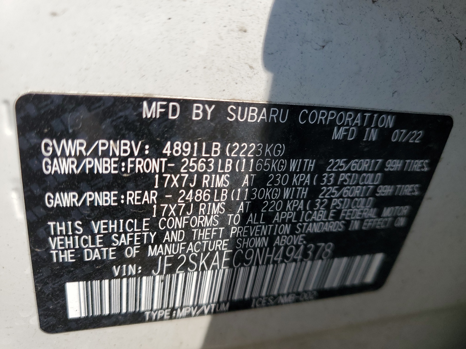 JF2SKAEC9NH494378 2022 Subaru Forester Premium
