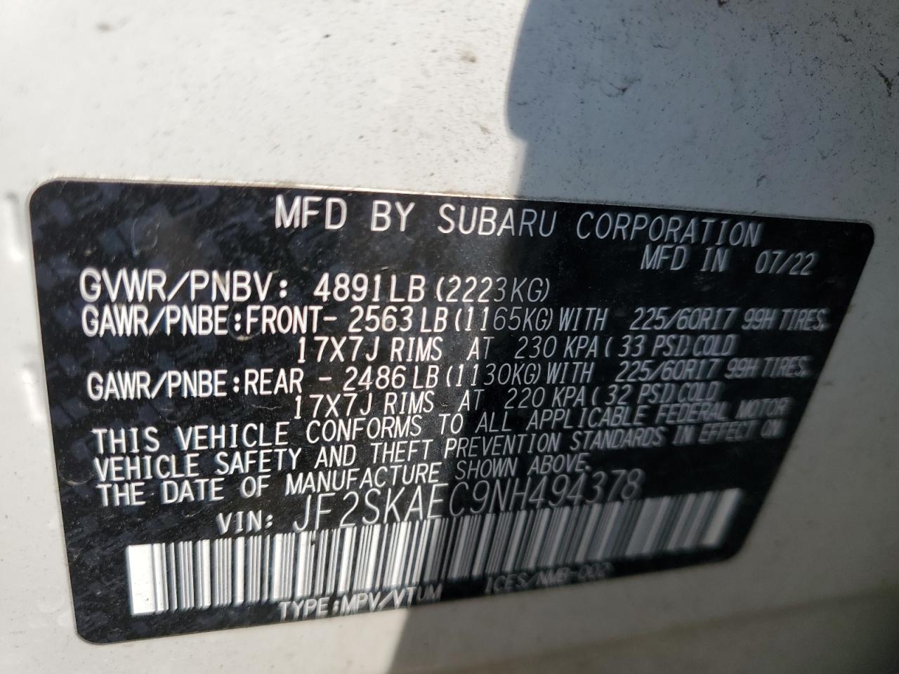2022 Subaru Forester Premium VIN: JF2SKAEC9NH494378 Lot: 64860184