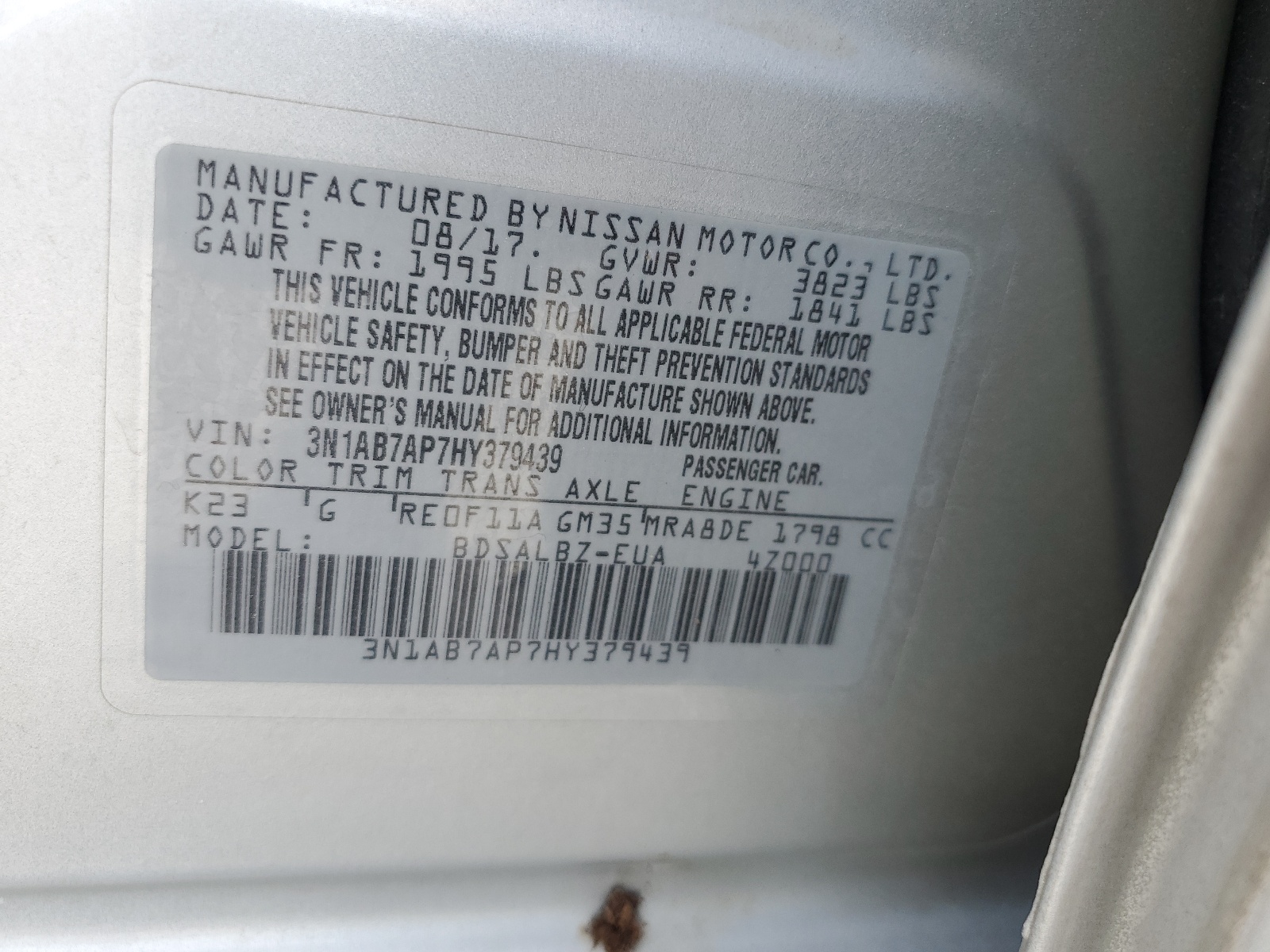 3N1AB7AP7HY379439 2017 Nissan Sentra S