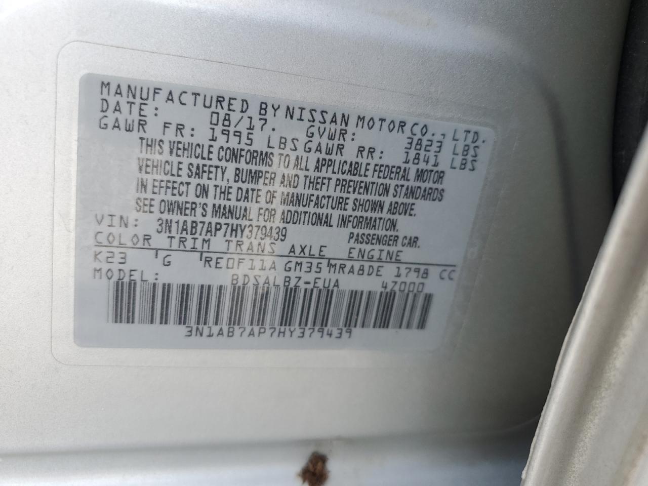 2017 Nissan Sentra S VIN: 3N1AB7AP7HY379439 Lot: 63133664