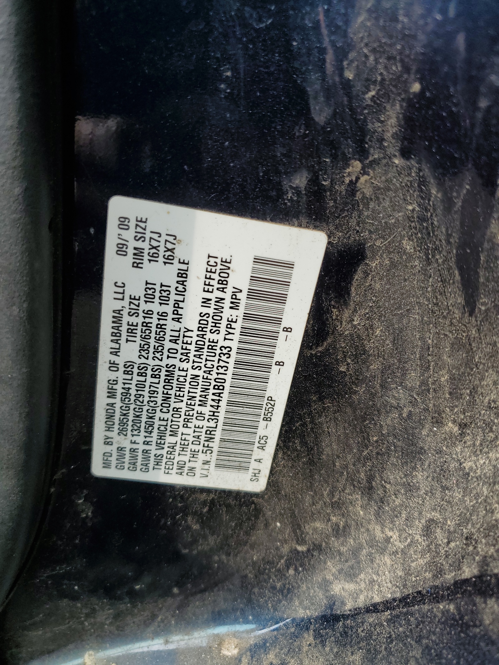 5FNRL3H44AB013733 2010 Honda Odyssey Ex