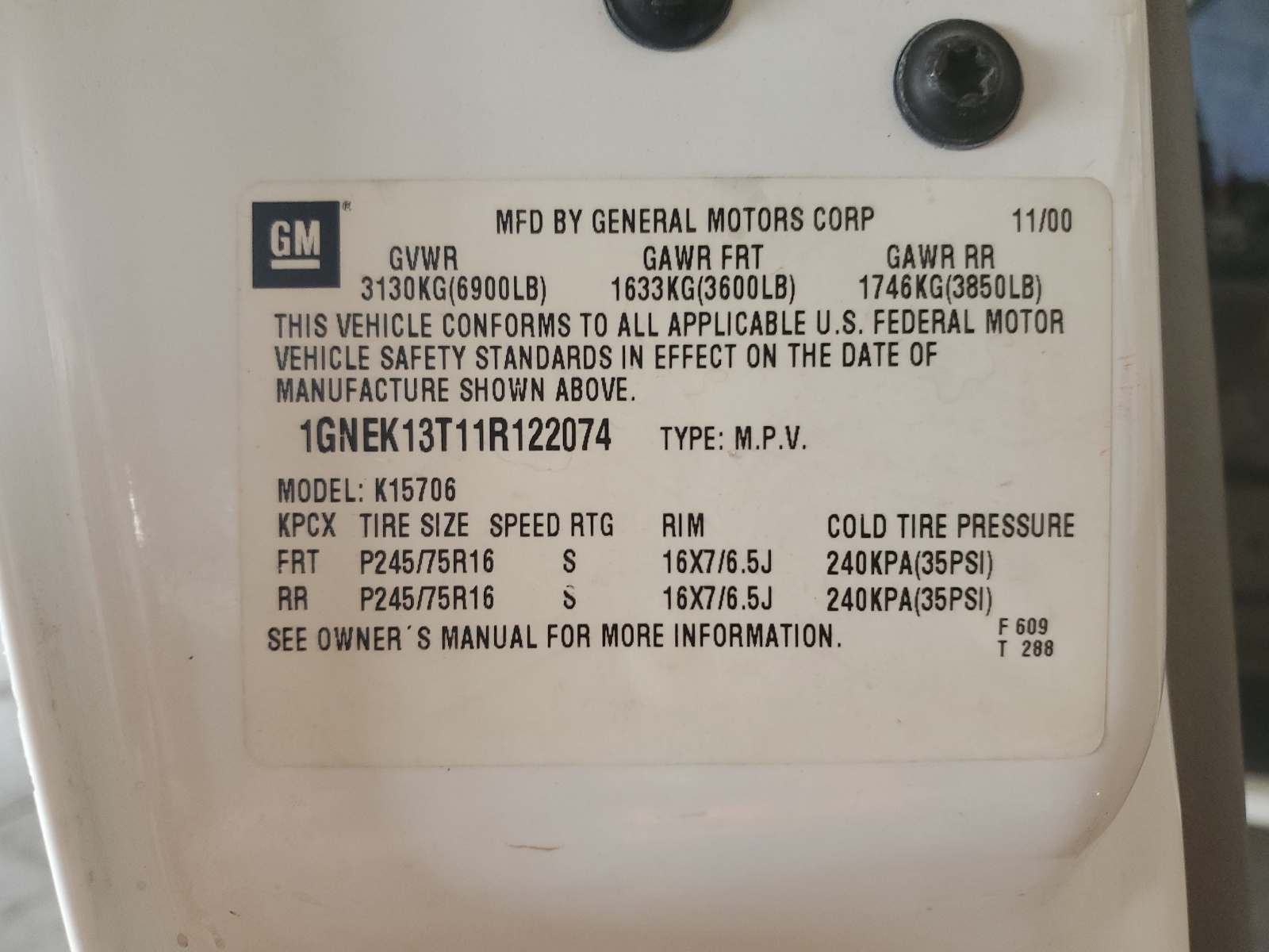 1GNEK13T11R122074 2001 Chevrolet Tahoe K1500