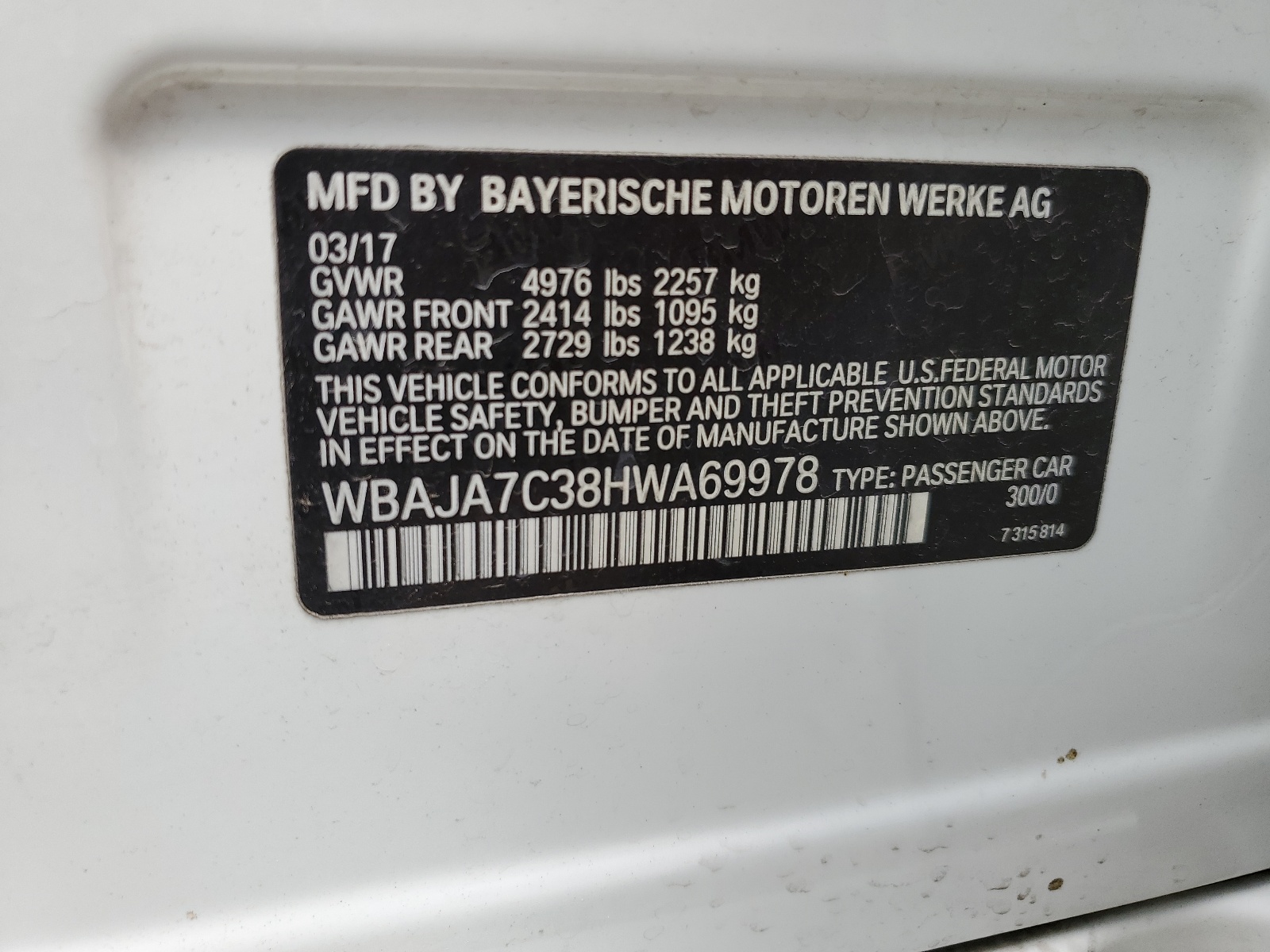 WBAJA7C38HWA69978 2017 BMW 530 Xi