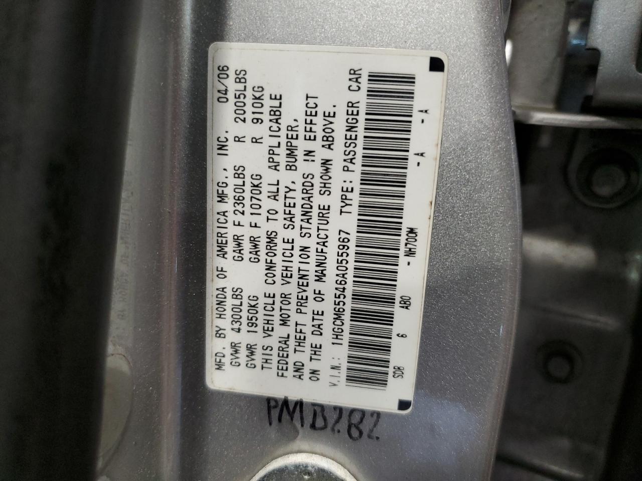 2006 Honda Accord Ex VIN: 1HGCM65546A055967 Lot: 65121904