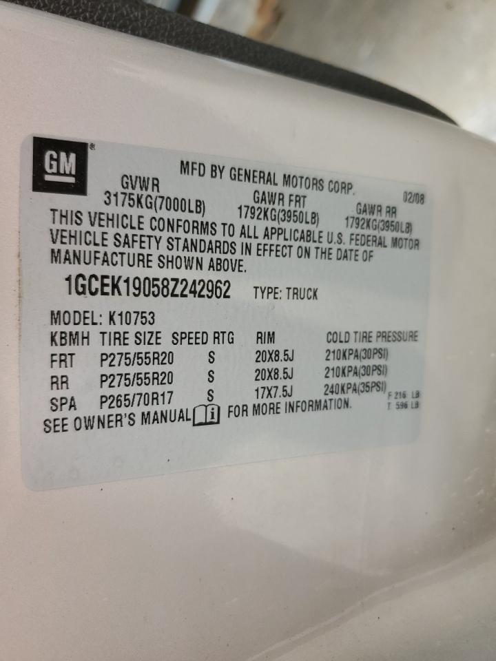 2008 Chevrolet Silverado K1500 VIN: 1GCEK19058Z242962 Lot: 63396024