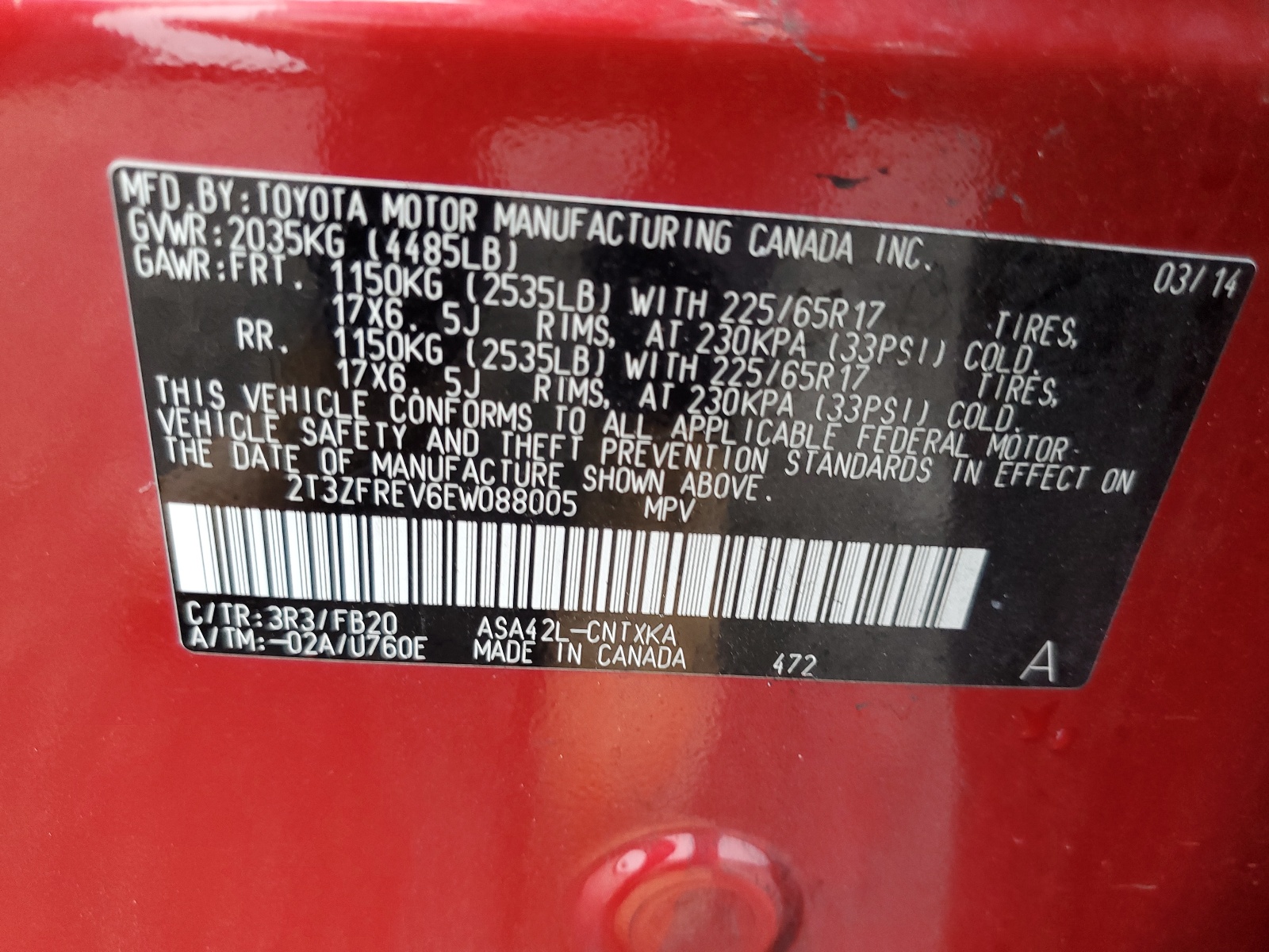 2T3ZFREV6EW088005 2014 Toyota Rav4 Le