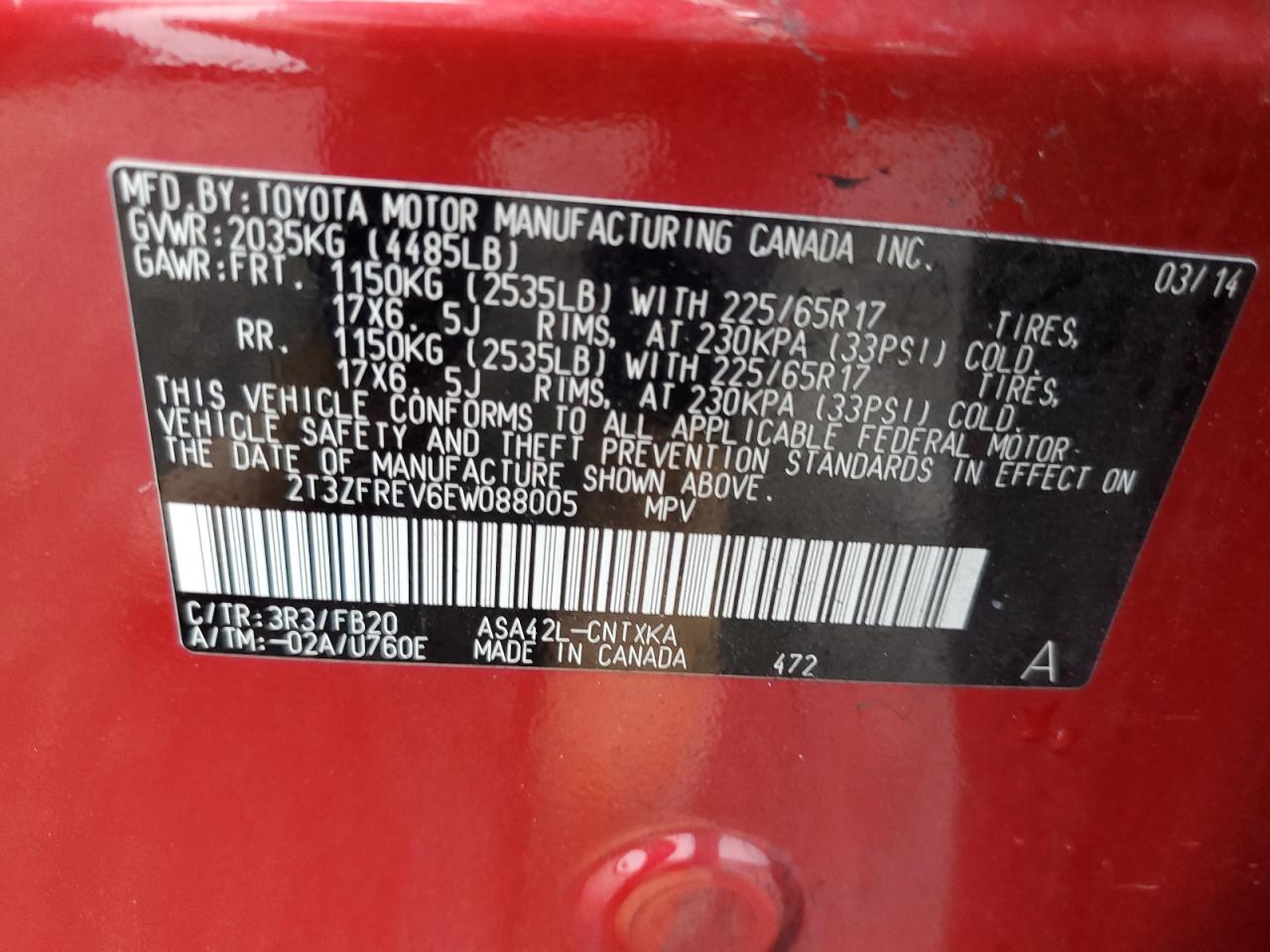 2014 Toyota Rav4 Le VIN: 2T3ZFREV6EW088005 Lot: 62899474