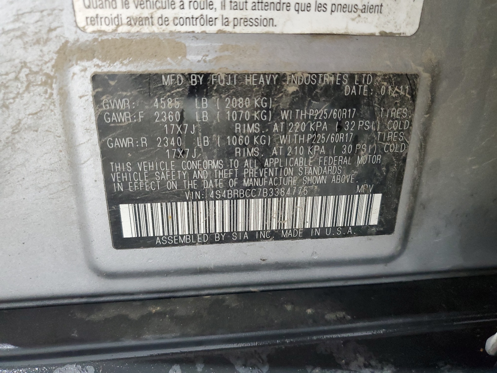 4S4BRBCC7B3384775 2011 Subaru Outback 2.5I Premium