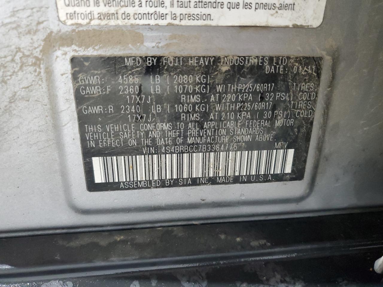 2011 Subaru Outback 2.5I Premium VIN: 4S4BRBCC7B3384775 Lot: 64605864