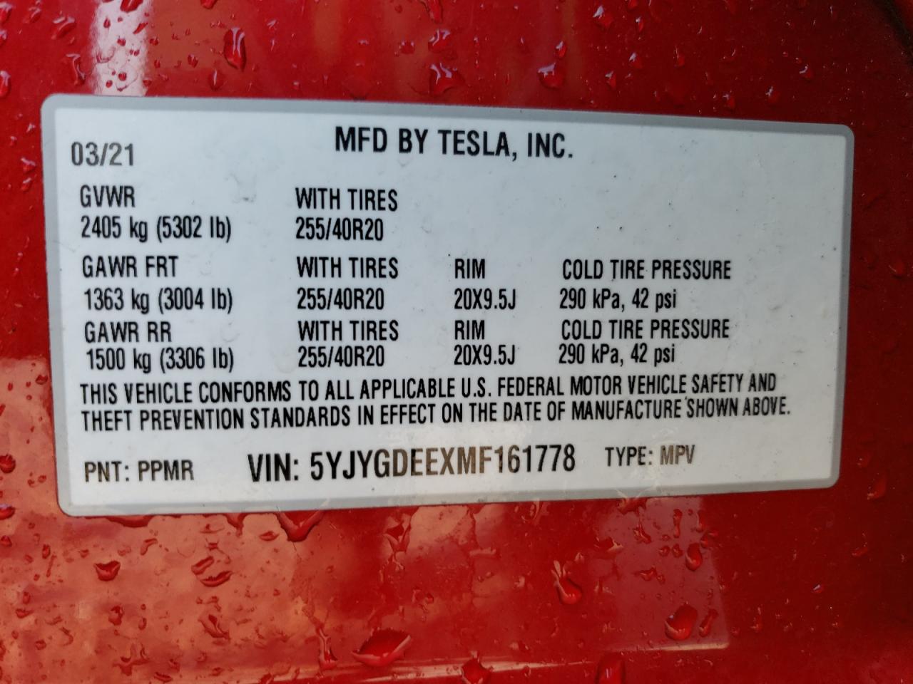 5YJYGDEEXMF161778 2021 Tesla Model Y