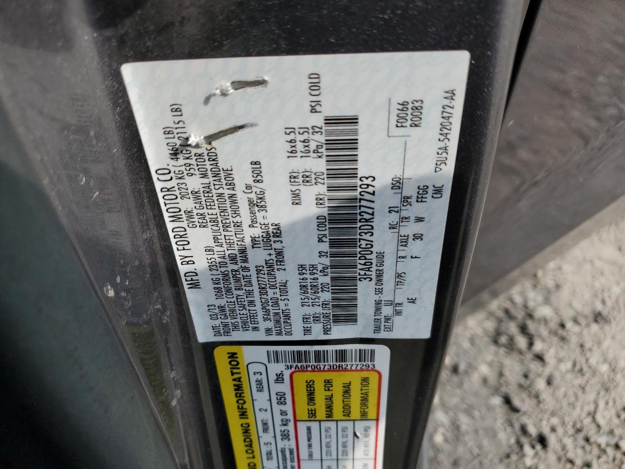 2013 Ford Fusion S VIN: 3FA6P0G73DR277293 Lot: 62481374