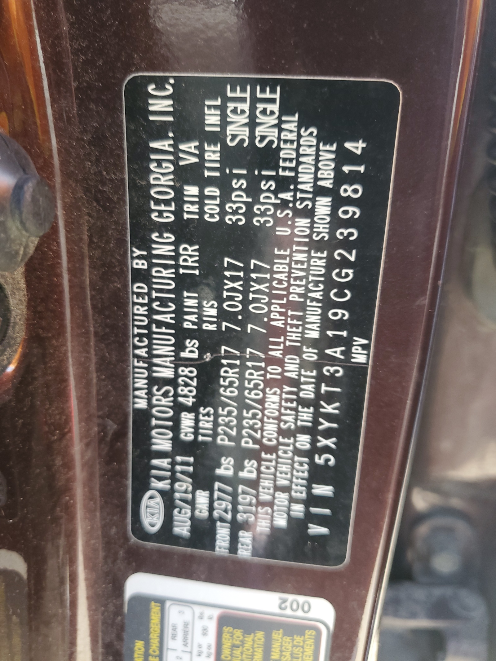 5XYKT3A19CG239814 2012 Kia Sorento Base