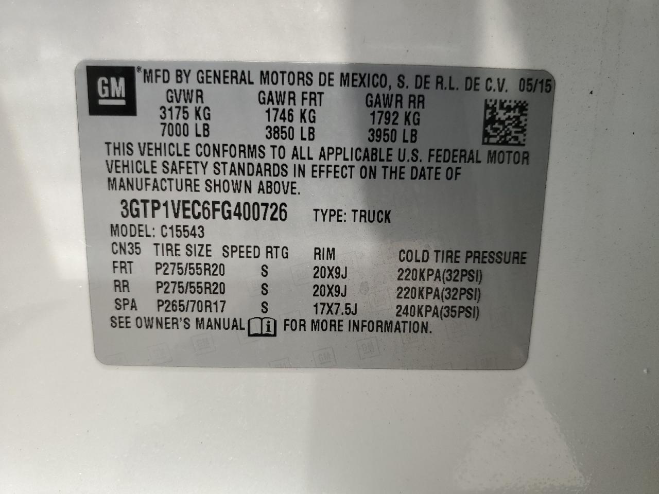 2015 GMC Sierra C1500 Slt VIN: 3GTP1VEC6FG400726 Lot: 64430364