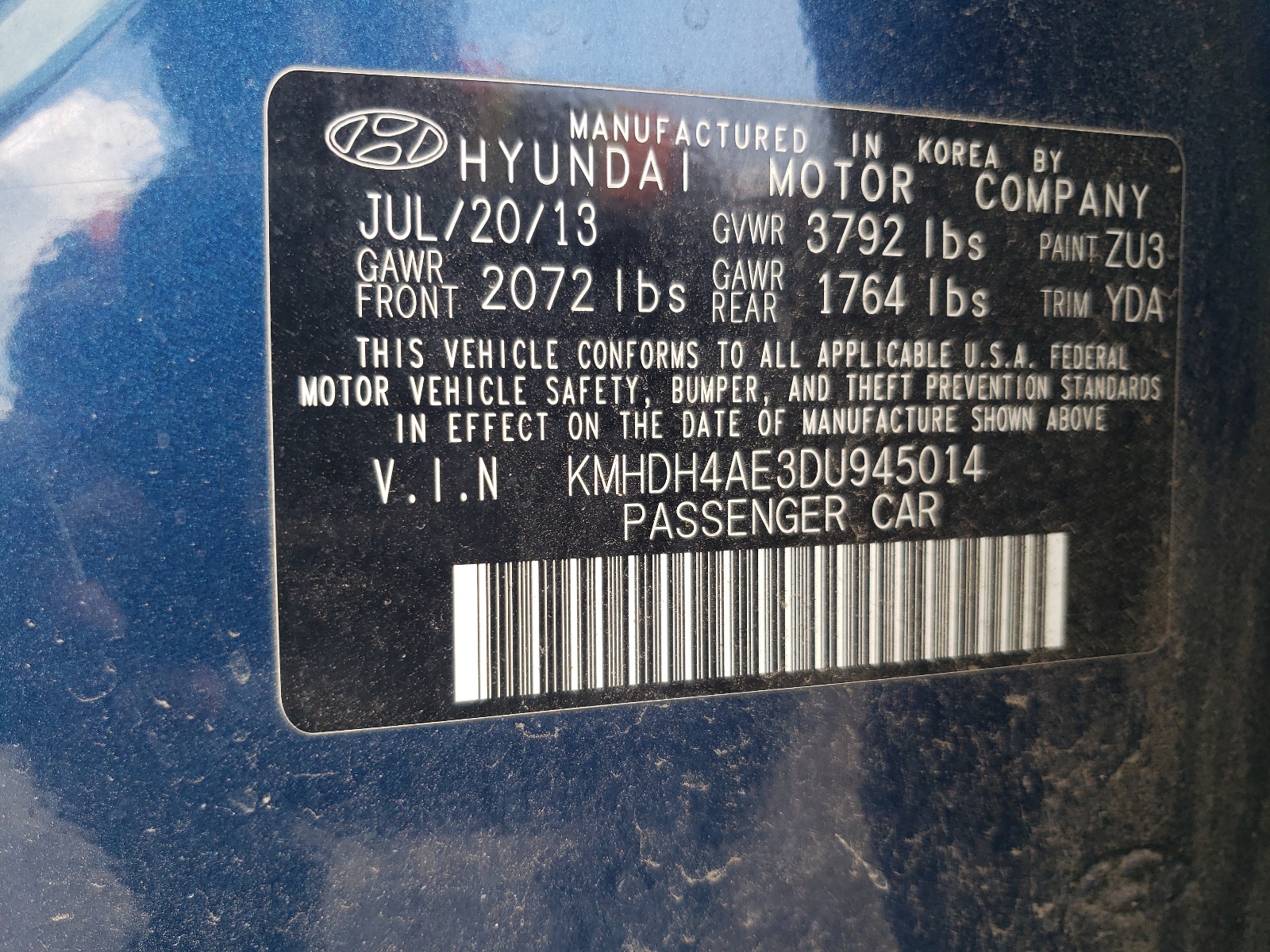 KMHDH4AE3DU945014 2013 Hyundai Elantra Gls