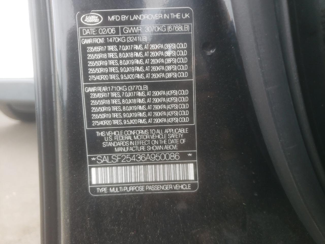 2006 Land Rover Range Rover Sport Hse VIN: SALSF25436A950086 Lot: 63999904