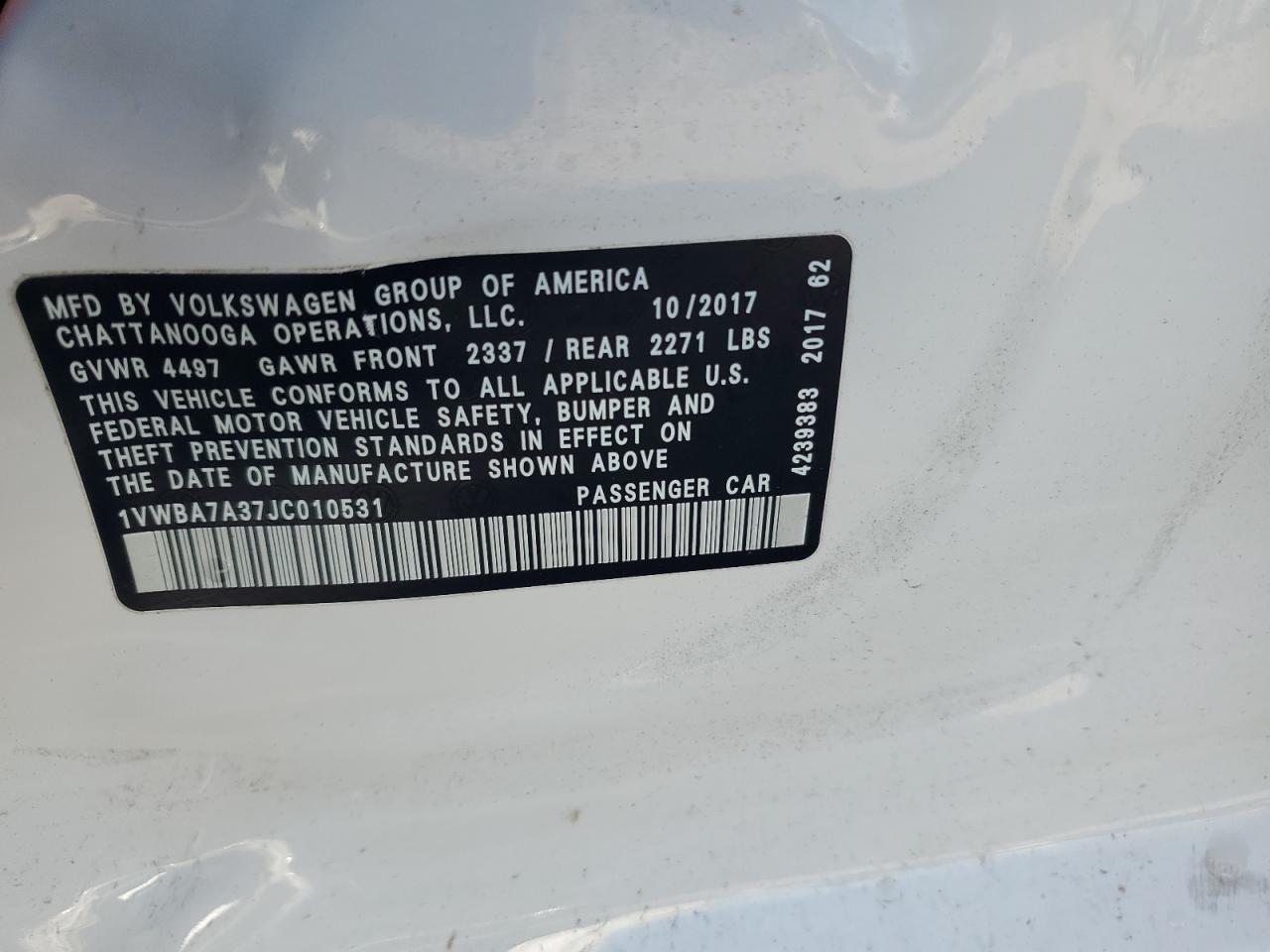 2018 Volkswagen Passat Se VIN: 1VWBA7A37JC010531 Lot: 63002534