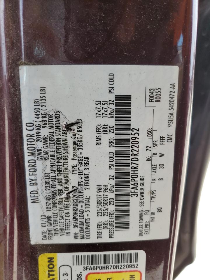 2013 Ford Fusion Se VIN: 3FA6P0HR7DR220952 Lot: 63462084