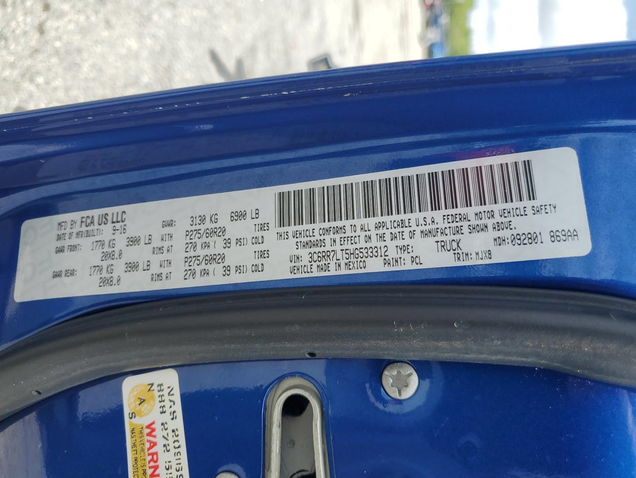 2017 Ram 1500 Slt VIN: 3C6RR7LT5HG533312 Lot: 62610694