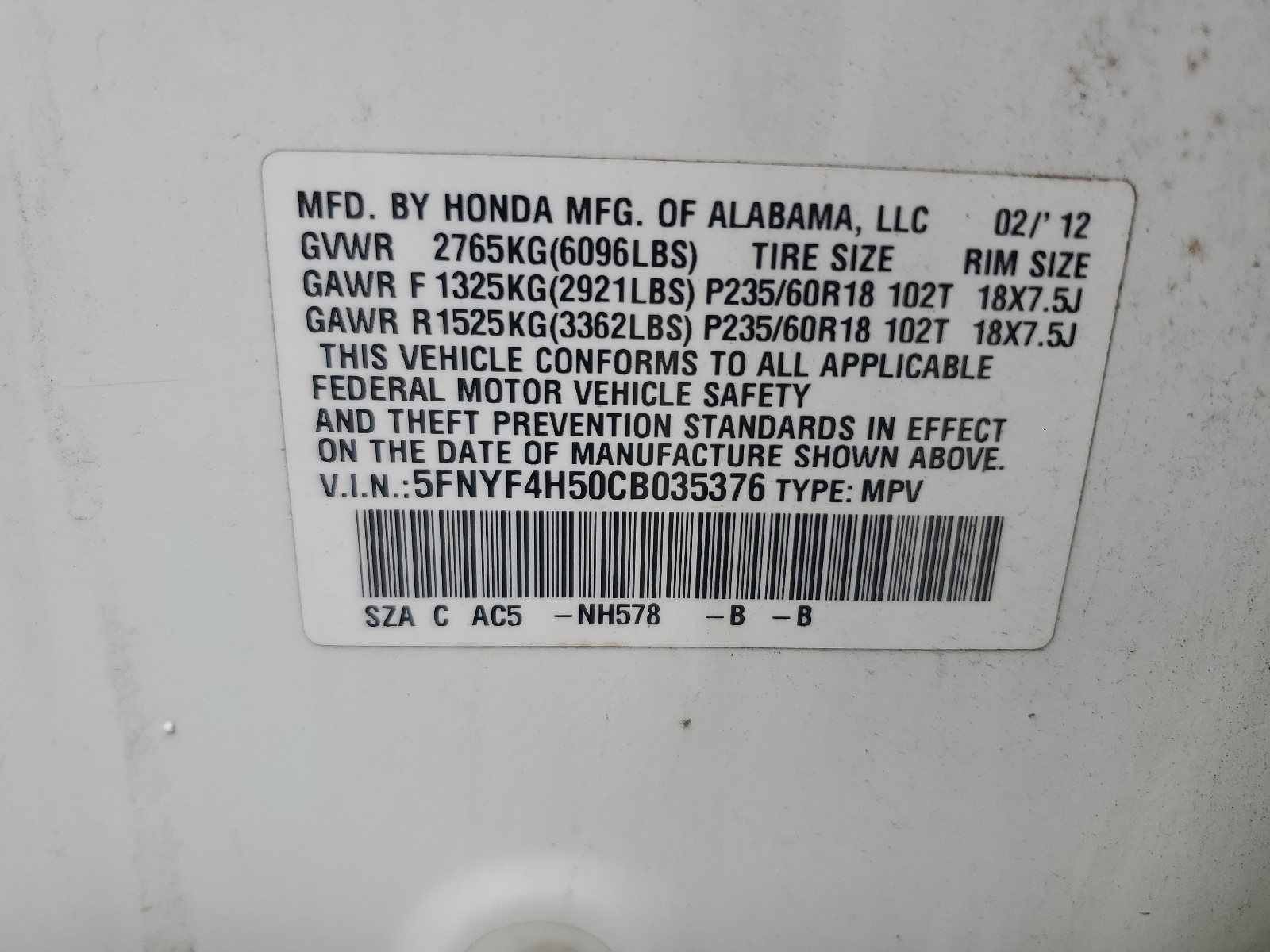 5FNYF4H50CB035376 2012 Honda Pilot Exl