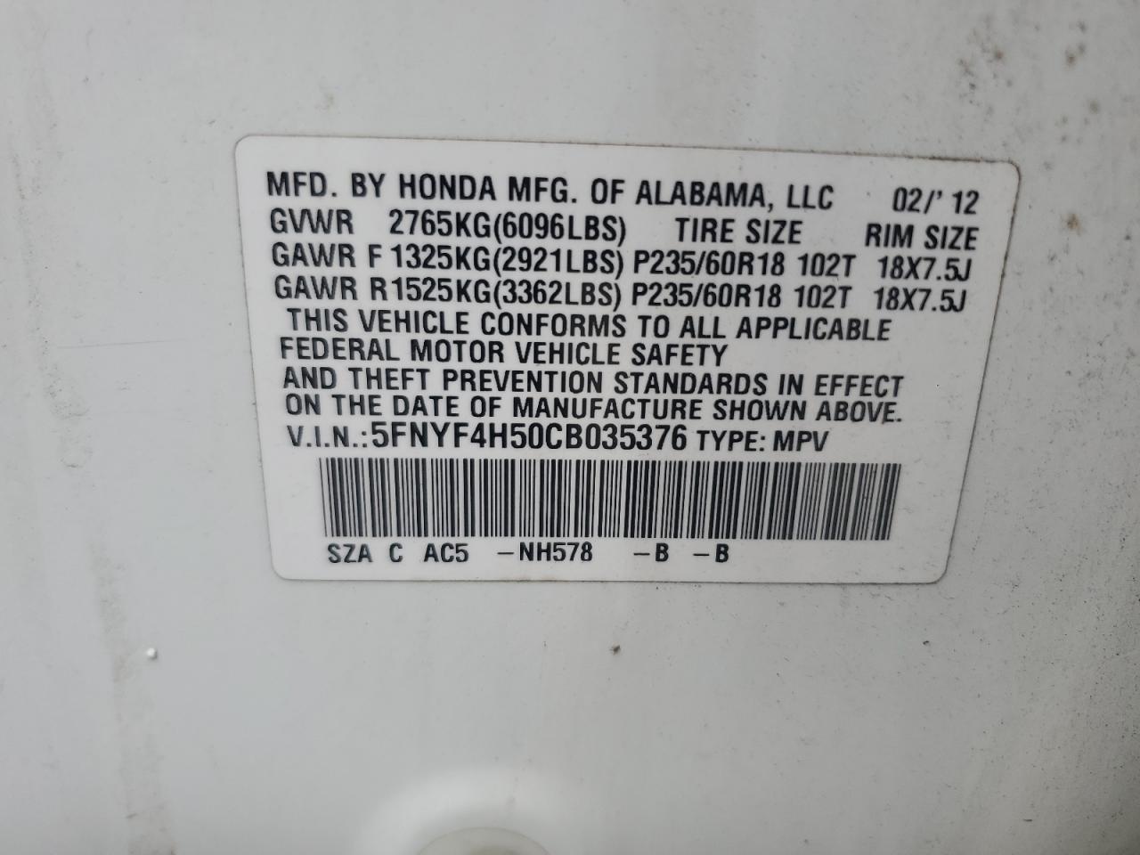 2012 Honda Pilot Exl VIN: 5FNYF4H50CB035376 Lot: 64206374