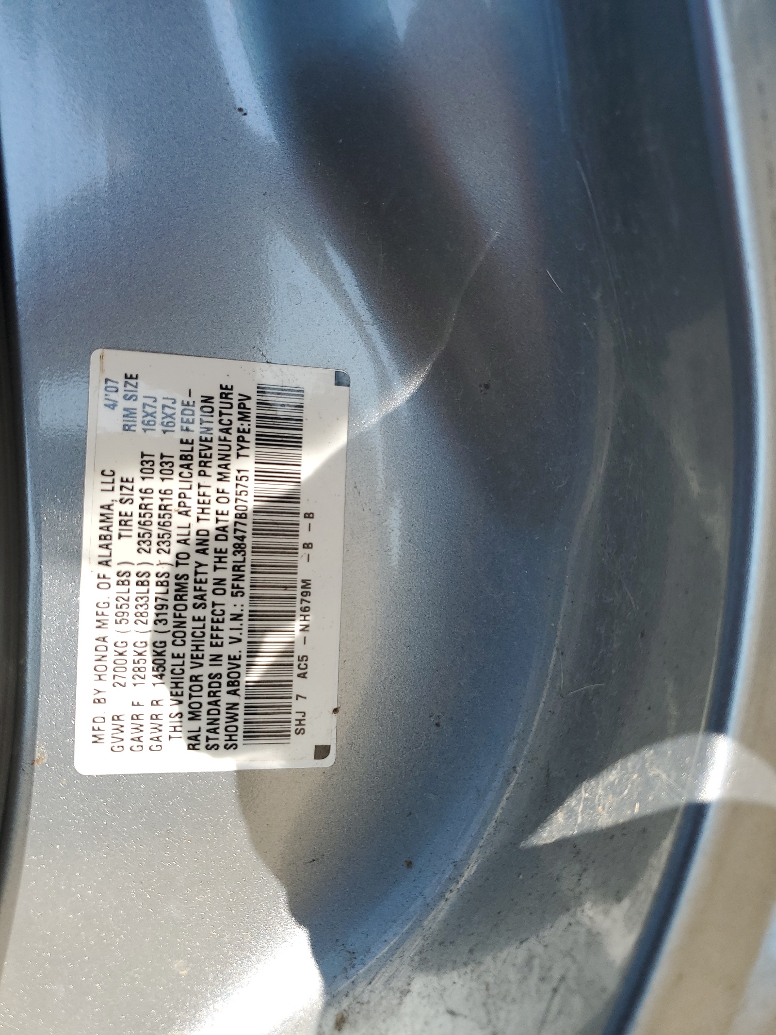 5FNRL38477B075751 2007 Honda Odyssey Ex