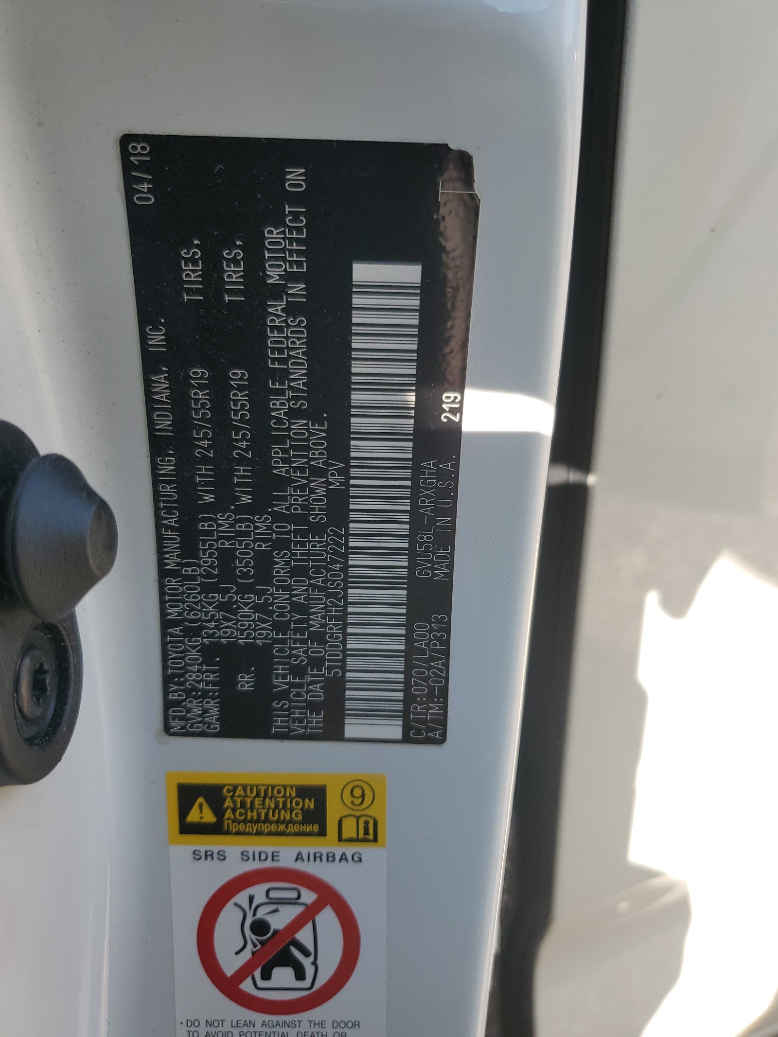 5TDDGRFH2JS047222 2018 Toyota Highlander Hybrid Limited