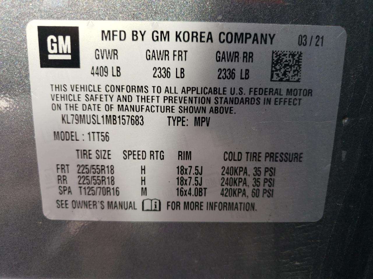 2021 Chevrolet Trailblazer Rs VIN: KL79MUSL1MB157683 Lot: 64758264