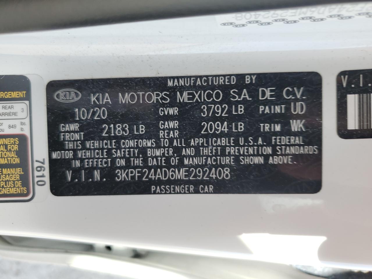 2021 Kia Forte Fe VIN: 3KPF24AD6ME292408 Lot: 64292034