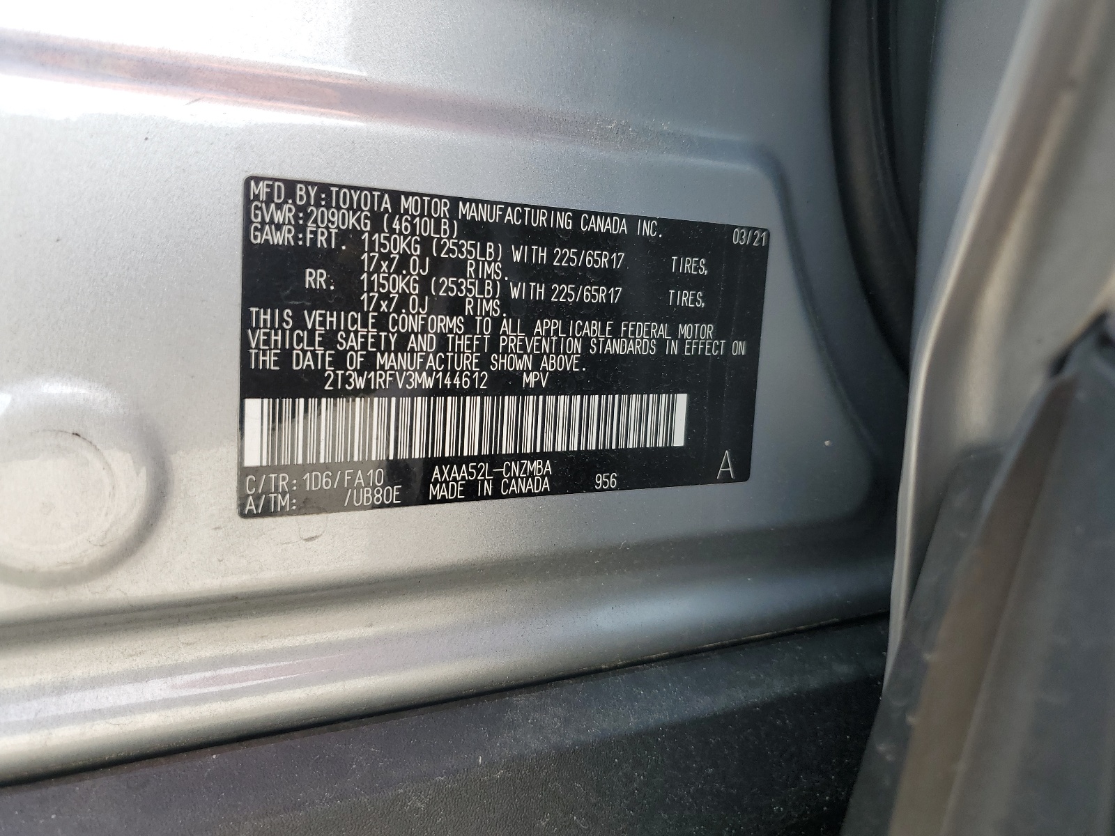 2T3W1RFV3MW144612 2021 Toyota Rav4 Xle