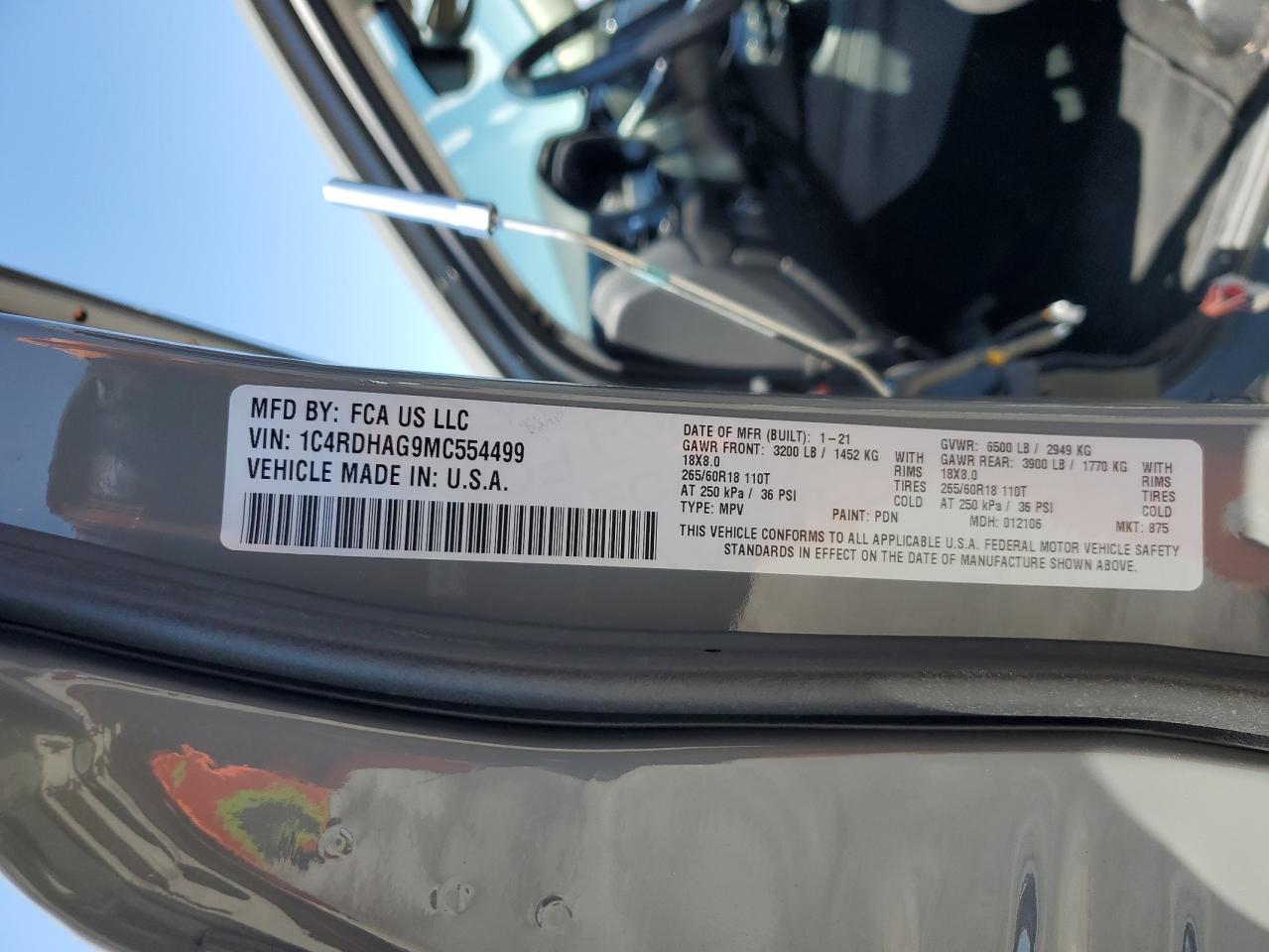 2021 Dodge Durango Sxt VIN: 1C4RDHAG9MC554499 Lot: 65227314