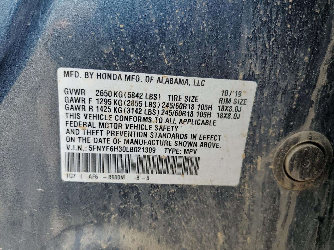 2020 Honda Pilot Ex VIN: 5FNYF6H30LB021309 Lot: 62802014