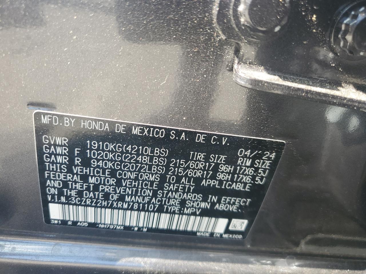 3CZRZ2H7XRM781107 2024 Honda Hr-V Exl