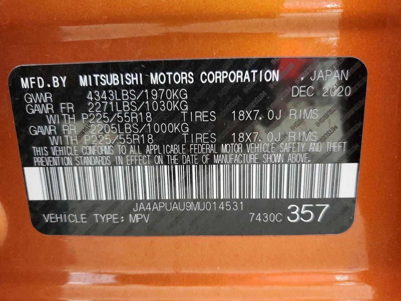 2021 Mitsubishi Outlander Sport Es VIN: JA4APUAU9MU014531 Lot: 64193164