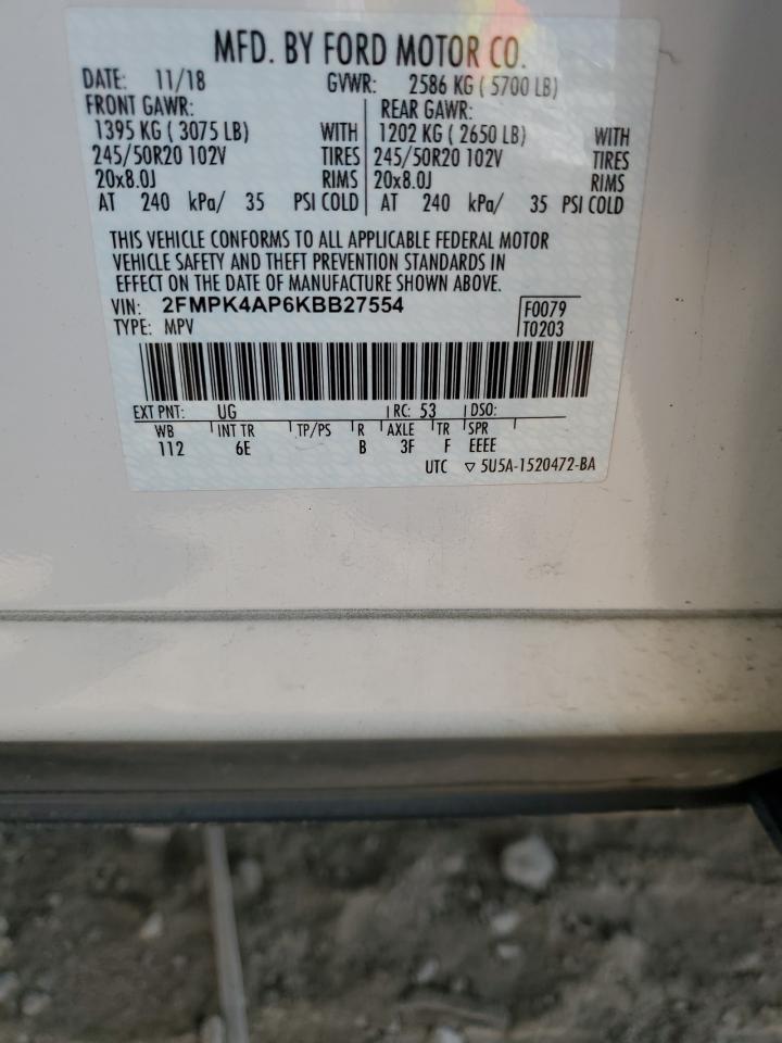 2019 Ford Edge St VIN: 2FMPK4AP6KBB27554 Lot: 64972464