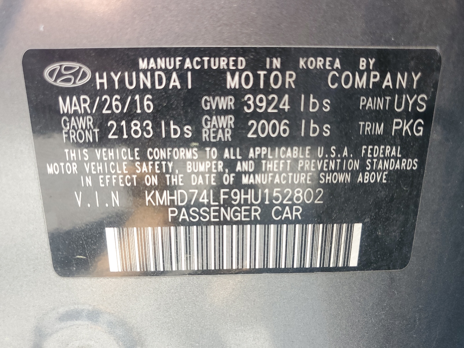 KMHD74LF9HU152802 2017 Hyundai Elantra Se