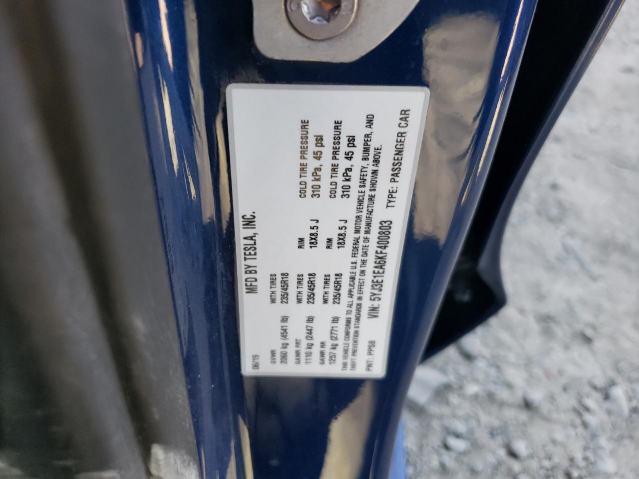 5YJ3E1EA6KF400803 2019 Tesla Model 3