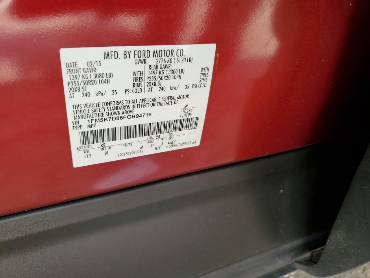 2015 Ford Explorer Xlt VIN: 1FM5K7D86FGB94716 Lot: 64165464