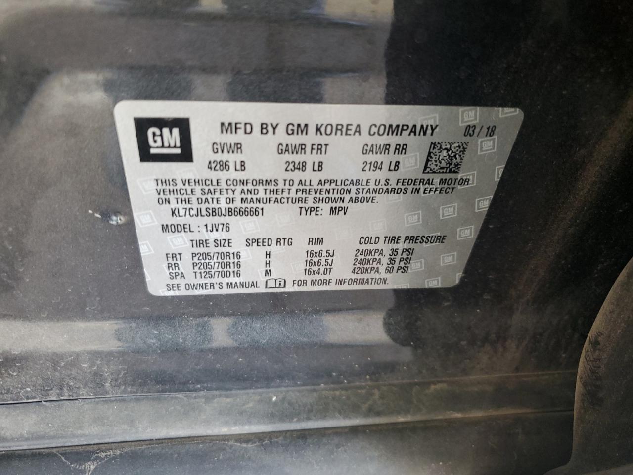 2018 Chevrolet Trax 1Lt VIN: KL7CJLSB0JB666661 Lot: 63101324