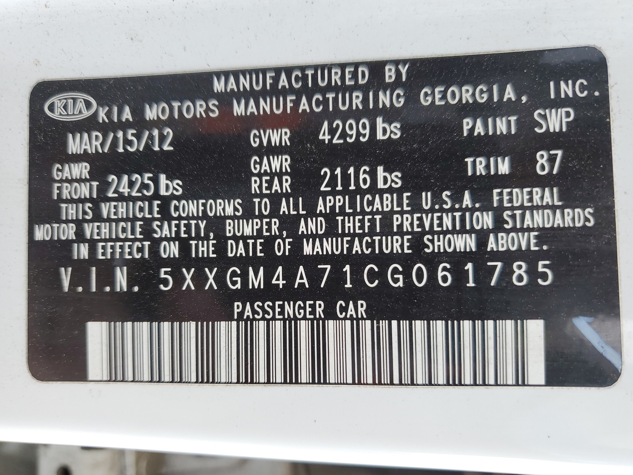 5XXGM4A71CG061785 2012 Kia Optima Lx 5XXGM4A71CG061785 2012 Kia Optima Lx