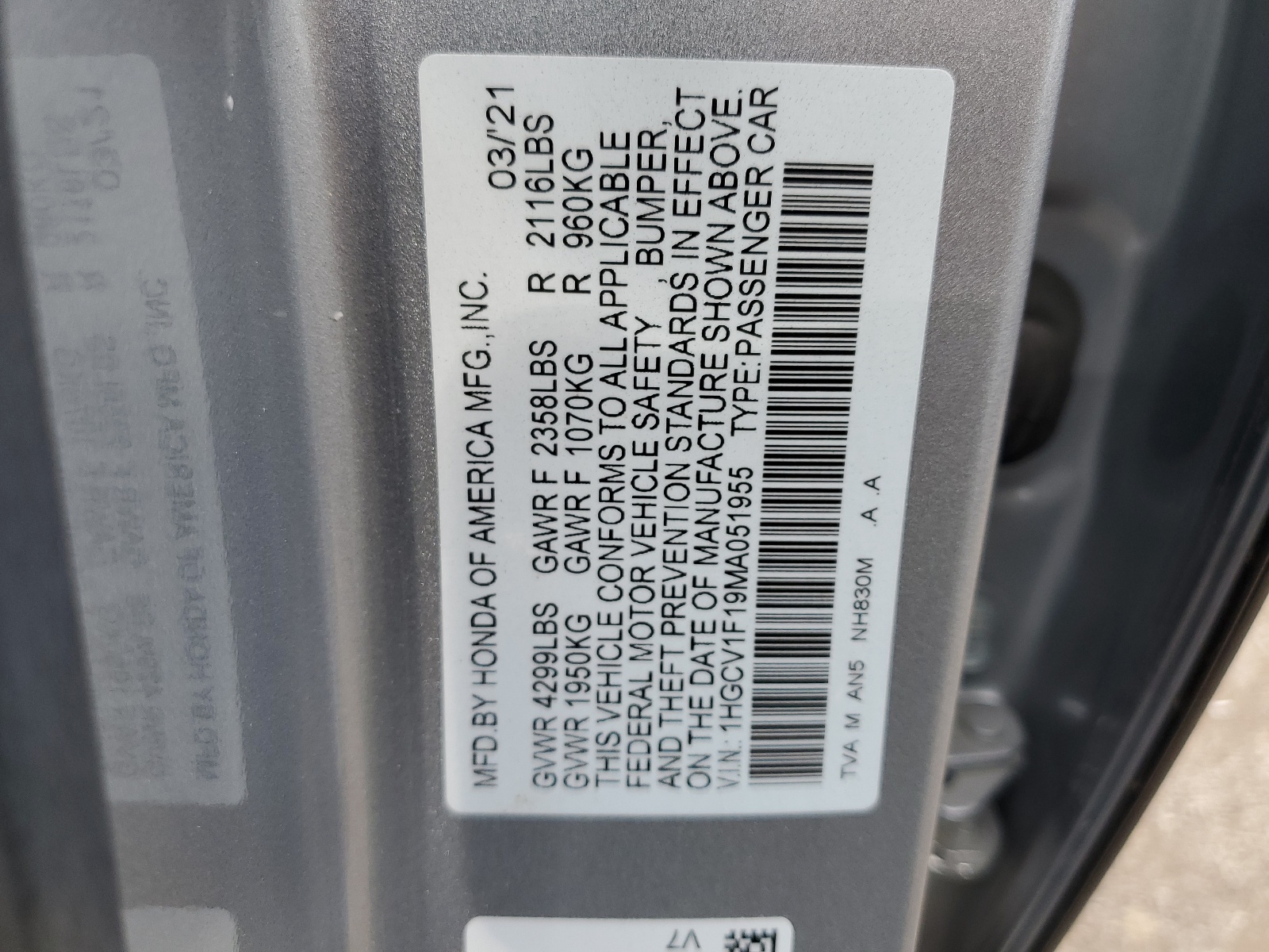 1HGCV1F19MA051955 2021 Honda Accord Lx