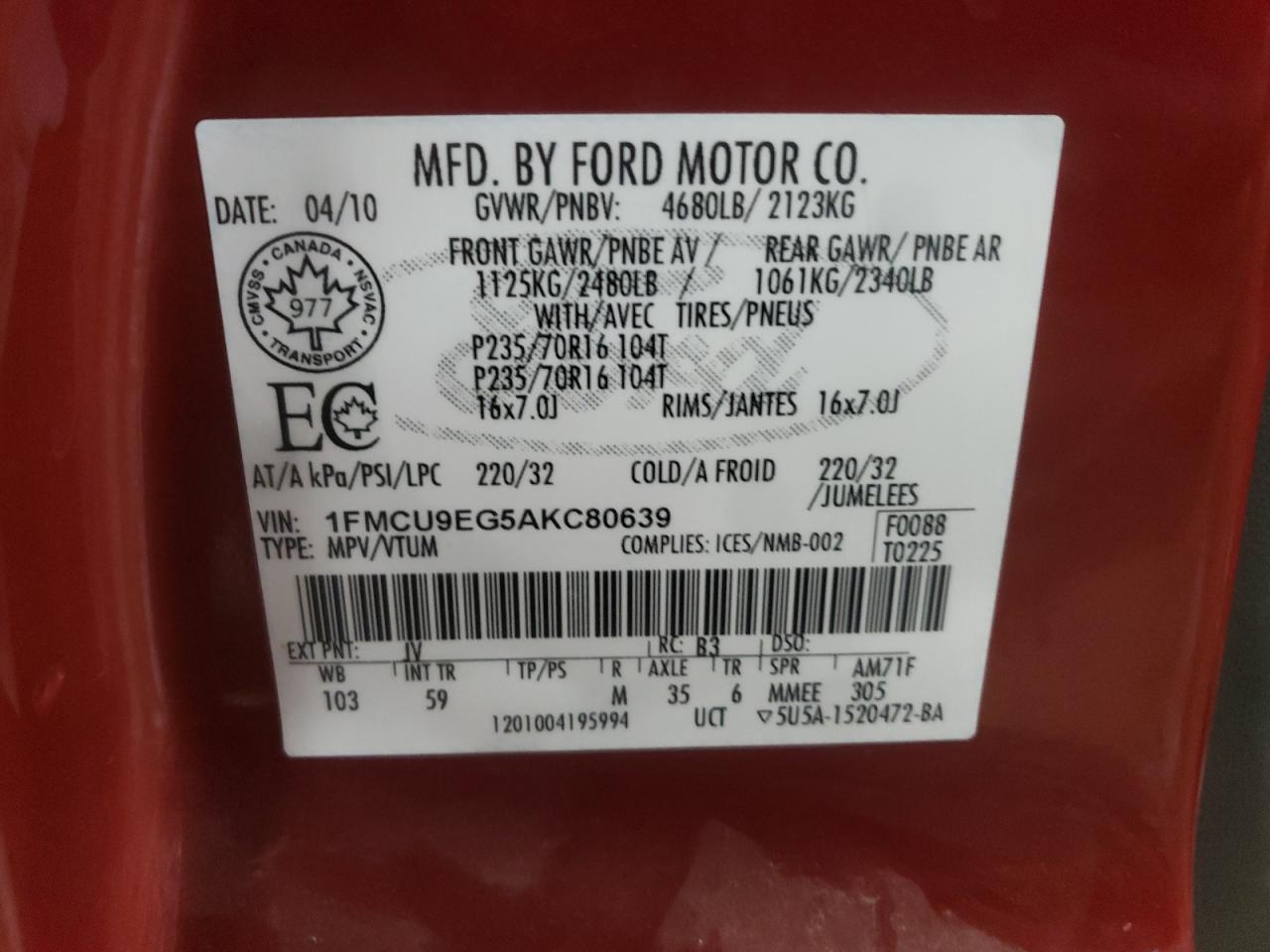 2010 Ford Escape Limited VIN: 1FMCU9EG5AKC80639 Lot: 64110424