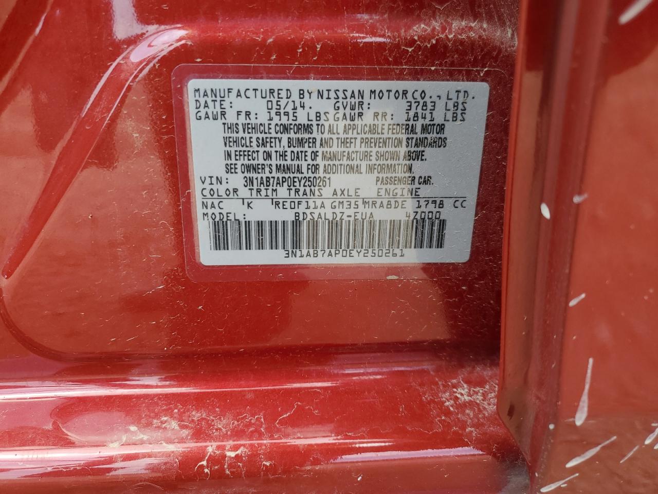 2014 Nissan Sentra S VIN: 3N1AB7AP0EY250261 Lot: 63480544