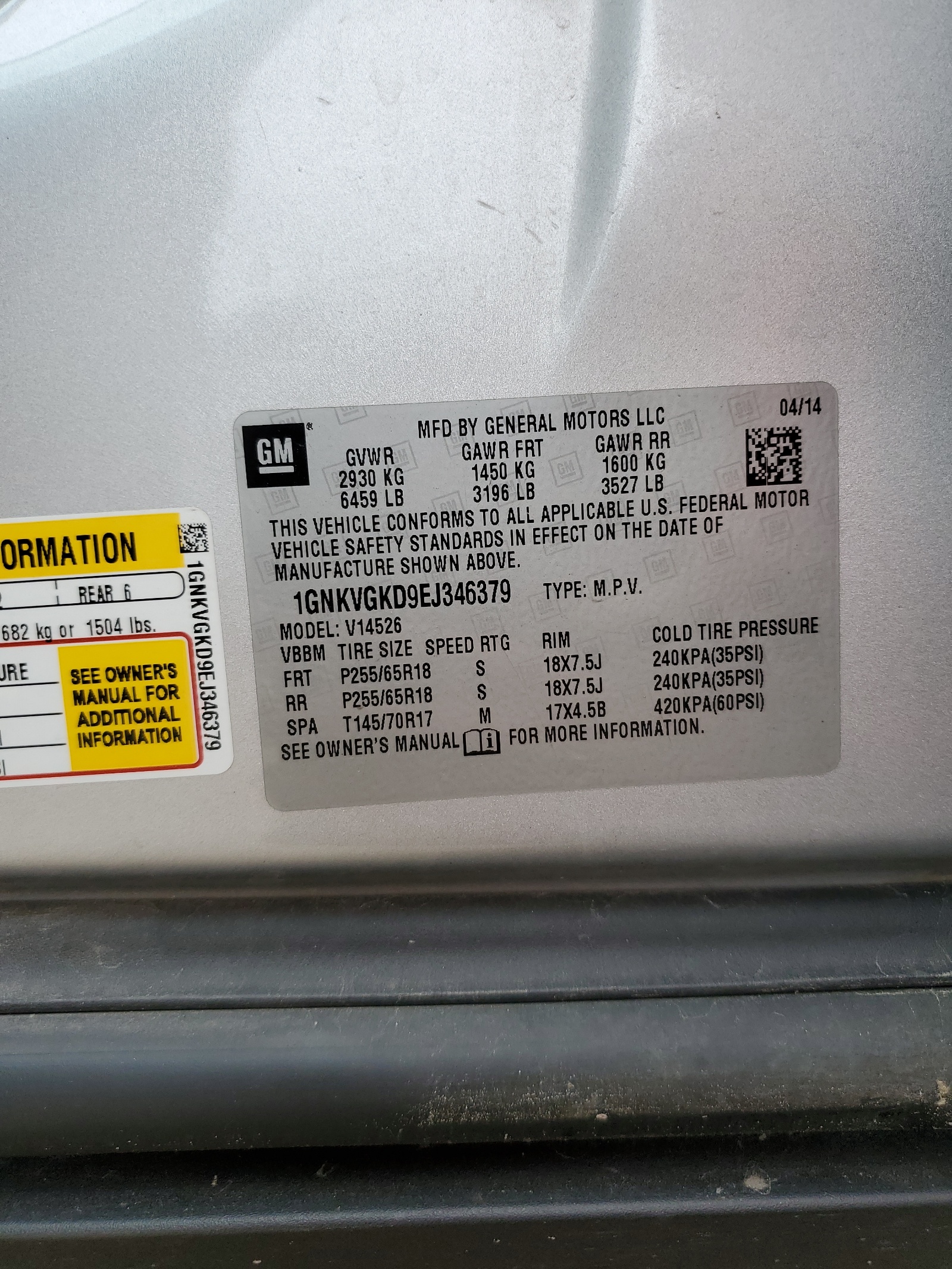 1GNKVGKD9EJ346379 2014 Chevrolet Traverse Lt