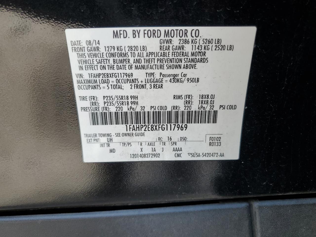 1FAHP2E8XFG117969 2015 Ford Taurus Sel