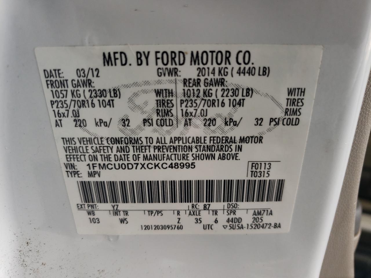 2012 Ford Escape Xlt VIN: 1FMCU0D7XCKC48995 Lot: 63256824